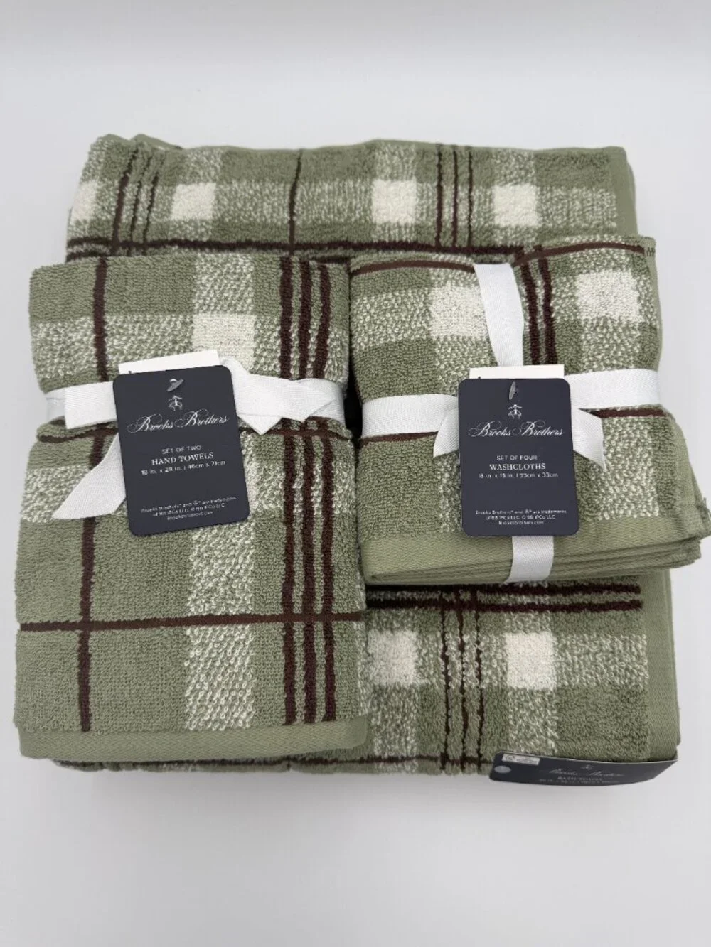 Brooks Brothers 8 Pc Bath Towel Set Sage Green Plaid 100% Cotton NWT